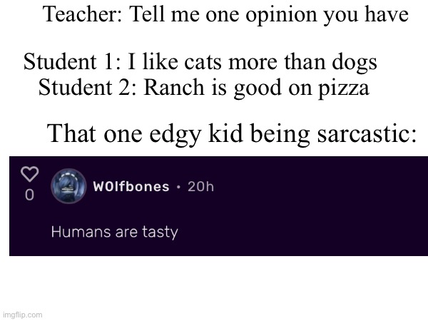 Edgy kids be like | Teacher: Tell me one opinion you have; Student 1: I like cats more than dogs; Student 2: Ranch is good on pizza; That one edgy kid being sarcastic: | image tagged in memes,blank white template,edgy,cursed,no context,random | made w/ Imgflip meme maker