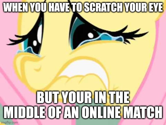 AHH GOTTA SCRATCH, BUT I CSNT LOOOSE | WHEN YOU HAVE TO SCRATCH YOUR EYE; BUT YOUR IN THE MIDDLE OF AN ONLINE MATCH | image tagged in your comment made fluttershy cry,fun,memes,online game | made w/ Imgflip meme maker