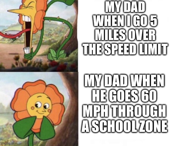 Dad be like: | MY DAD WHEN I GO 5 MILES OVER THE SPEED LIMIT; MY DAD WHEN HE GOES 60 MPH THROUGH A SCHOOL ZONE | image tagged in cagney carnation | made w/ Imgflip meme maker