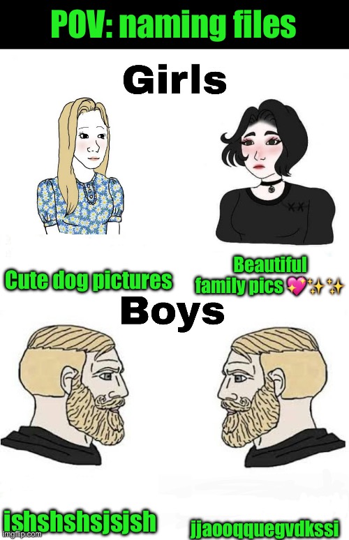 Girls vs Boys | POV: naming files; Cute dog pictures; Beautiful family pics 💖✨✨; ishshshsjsjsh; jjaooqquegvdkssi | image tagged in girls vs boys | made w/ Imgflip meme maker