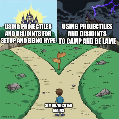 A meme for every character every day #70 and 71 (Yeah if you couldn't already tell, I've ran out of things to say about echos) | USING PROJECTILES AND DISJOINTS TO CAMP AND BE LAME; USING PROJECTILES AND DISJOINTS FOR SETUP AND BEING HYPE; SIMON/RICHTER MAINS | image tagged in two paths,memes,super smash bros,simon,richter | made w/ Imgflip meme maker