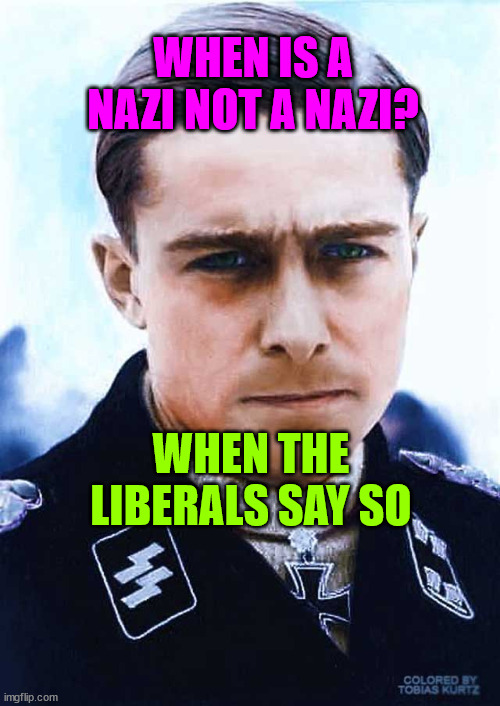 Nazi stare | WHEN IS A NAZI NOT A NAZI? WHEN THE LIBERALS SAY SO | image tagged in nazi stare | made w/ Imgflip meme maker