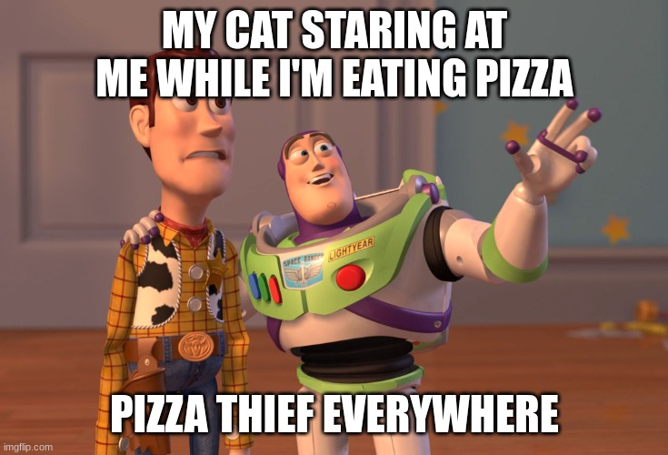 Toy story | MY CAT STARING AT ME WHILE I'M EATING PIZZA; PIZZA THIEF EVERYWHERE | image tagged in memes,x x everywhere,toy story | made w/ Imgflip meme maker