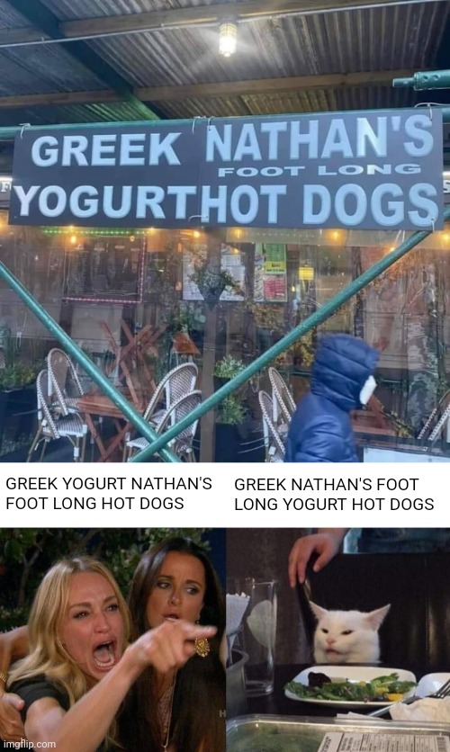 GREEK NATHAN'S FOOT LONG YOGURT HOT DOGS | GREEK YOGURT NATHAN'S FOOT LONG HOT DOGS; GREEK NATHAN'S FOOT LONG YOGURT HOT DOGS | image tagged in memes,woman yelling at cat,greek yogurt,foot long,hot dogs,you had one job | made w/ Imgflip meme maker