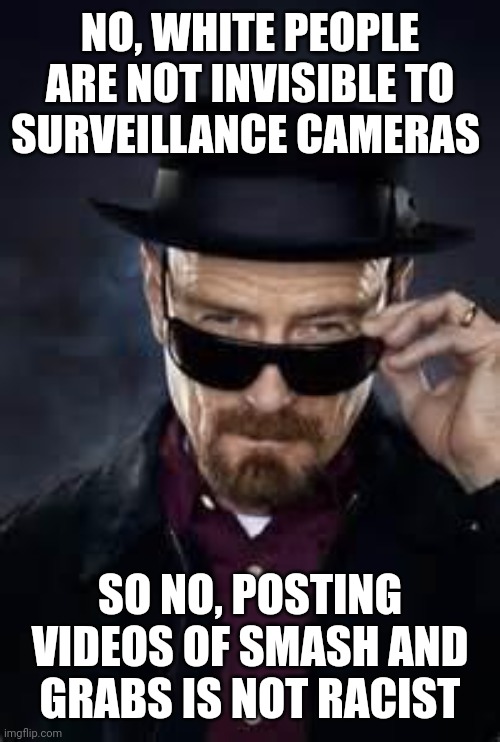 The cameras just record what they capture | NO, WHITE PEOPLE ARE NOT INVISIBLE TO SURVEILLANCE CAMERAS; SO NO, POSTING VIDEOS OF SMASH AND GRABS IS NOT RACIST | image tagged in heisenberg deal with it,looting,theft,angry mob,crime | made w/ Imgflip meme maker