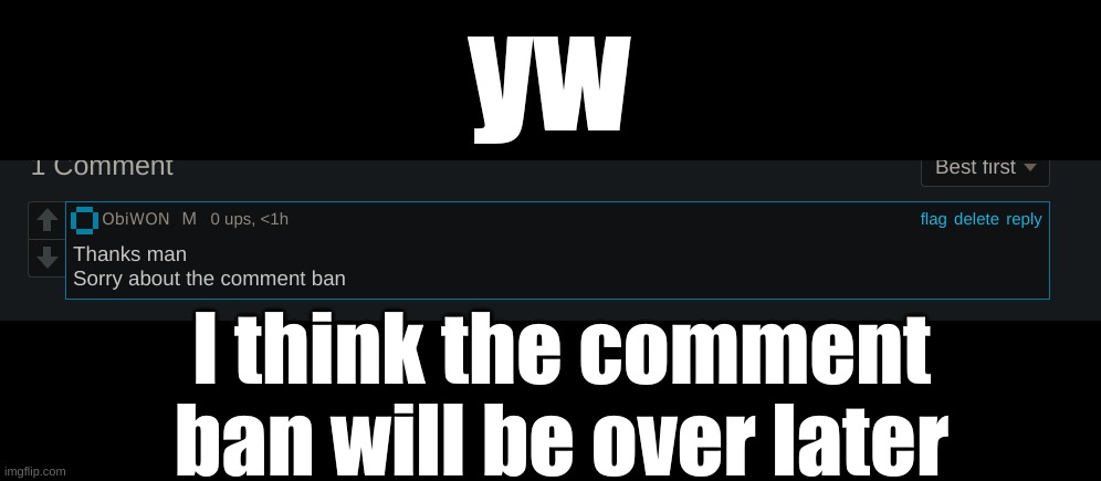 yw; I think the comment ban will be over later | made w/ Imgflip meme maker