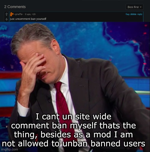 I cant un site wide comment ban myself thats the thing, besides as a mod I am not allowed to unban banned users | image tagged in jon stewart face-palm | made w/ Imgflip meme maker