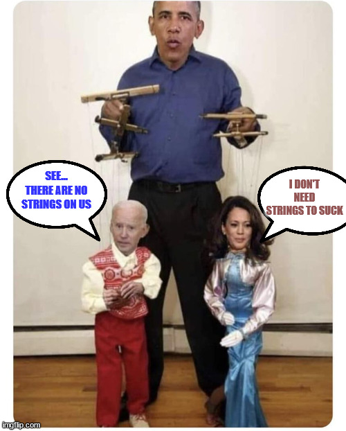See... no strings... | SEE... THERE ARE NO STRINGS ON US; I DON'T NEED STRINGS TO SUCK | image tagged in joe biden,kamala harris,puppets | made w/ Imgflip meme maker