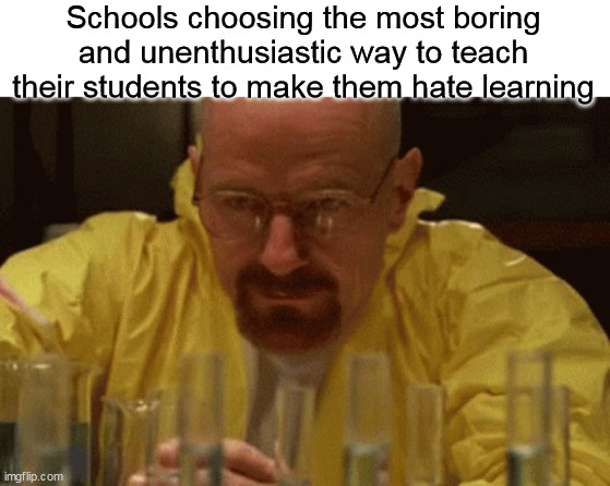 dont harrass me if you made a simular meme before | Schools choosing the most boring and unenthusiastic way to teach their students to make them hate learning | image tagged in walter white cooking,school meme,pain | made w/ Imgflip meme maker