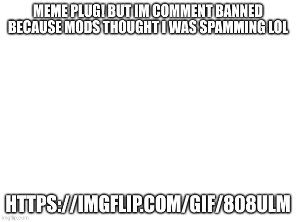 https://imgflip.com/gif/808ulm | MEME PLUG! BUT IM COMMENT BANNED BECAUSE MODS THOUGHT I WAS SPAMMING LOL; HTTPS://IMGFLIP.COM/GIF/808ULM | image tagged in oh wow are you actually reading these tags | made w/ Imgflip meme maker