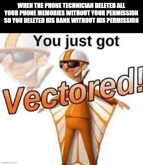 I got my revenge! | WHEN THE PHONE TECHNICIAN DELETED ALL YOUR PHONE MEMORIES WITHOUT YOUR PERMISSION SO YOU DELETED HIS BANK WITHOUT HIS PERMISSION | image tagged in you just got vectored,bank account,phone,vector,karma,revenge | made w/ Imgflip meme maker