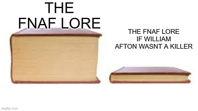 *insert title here* | THE FNAF LORE; THE FNAF LORE IF WILLIAM AFTON WASNT A KILLER | image tagged in big book small book | made w/ Imgflip meme maker