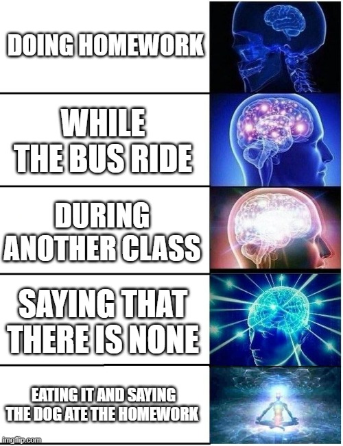 Expanding Brain 5 Panel | DOING HOMEWORK; WHILE THE BUS RIDE; DURING ANOTHER CLASS; SAYING THAT THERE IS NONE; EATING IT AND SAYING THE DOG ATE THE HOMEWORK | image tagged in expanding brain 5 panel | made w/ Imgflip meme maker