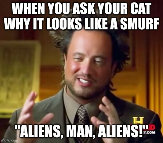 Ancient Aliens Meme | WHEN YOU ASK YOUR CAT WHY IT LOOKS LIKE A SMURF; "ALIENS, MAN, ALIENS!" | image tagged in memes,ancient aliens | made w/ Imgflip meme maker