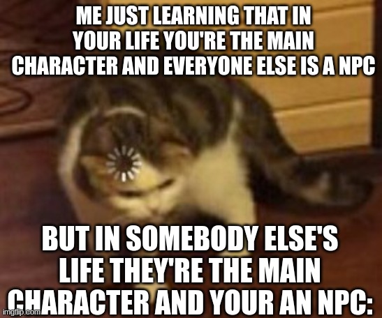 Loading cat | ME JUST LEARNING THAT IN YOUR LIFE YOU'RE THE MAIN CHARACTER AND EVERYONE ELSE IS A NPC; BUT IN SOMEBODY ELSE'S LIFE THEY'RE THE MAIN CHARACTER AND YOUR AN NPC: | image tagged in loading cat | made w/ Imgflip meme maker