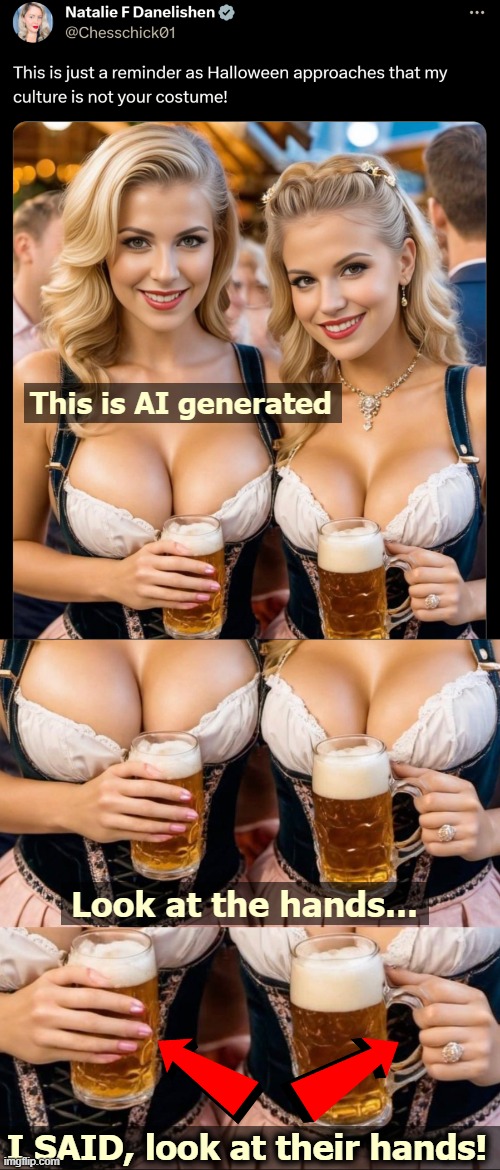 Fräulein is envying an AI image. It never gets the hands right... | This is AI generated; Look at the hands... I SAID, look at their hands! | image tagged in nsfw,funny,ai | made w/ Imgflip meme maker