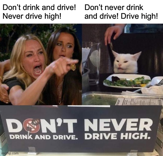 Don’t drink and drive! 
Never drive high! Don’t never drink and drive! Drive high! | image tagged in memes,woman yelling at cat | made w/ Imgflip meme maker