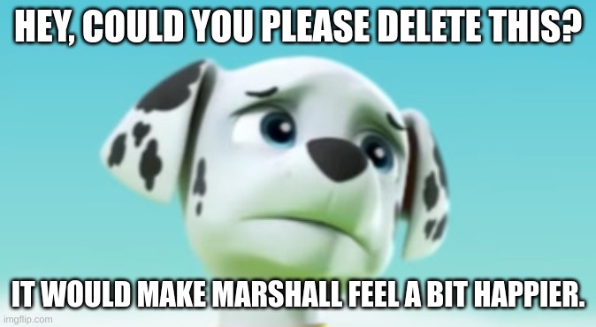 Sad Marshrall | HEY, COULD YOU PLEASE DELETE THIS? IT WOULD MAKE MARSHALL FEEL A BIT HAPPIER. | image tagged in sad marshrall | made w/ Imgflip meme maker