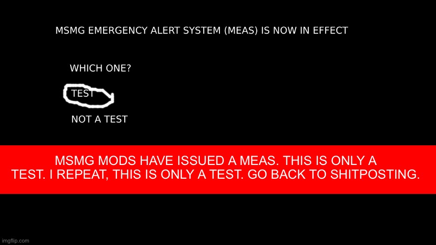 MEAS | MSMG MODS HAVE ISSUED A MEAS. THIS IS ONLY A TEST. I REPEAT, THIS IS ONLY A TEST. GO BACK TO SHITPOSTING. | image tagged in meas | made w/ Imgflip meme maker