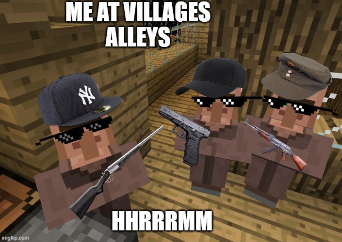 the boys | ME AT VILLAGES
ALLEYS; HHRRRMM | image tagged in minecraft villagers,gaming | made w/ Imgflip meme maker