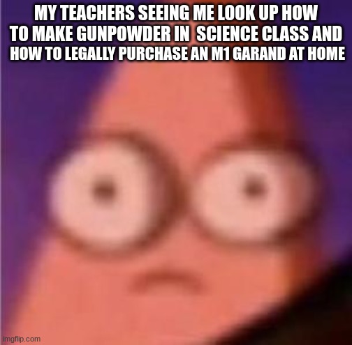 after i search for those, i look up "Dallas from Payday 2 mask" and blue latex gloves and go to the shopping tab | MY TEACHERS SEEING ME LOOK UP HOW TO MAKE GUNPOWDER IN  SCIENCE CLASS AND; HOW TO LEGALLY PURCHASE AN M1 GARAND AT HOME | image tagged in eyes wide patrick | made w/ Imgflip meme maker