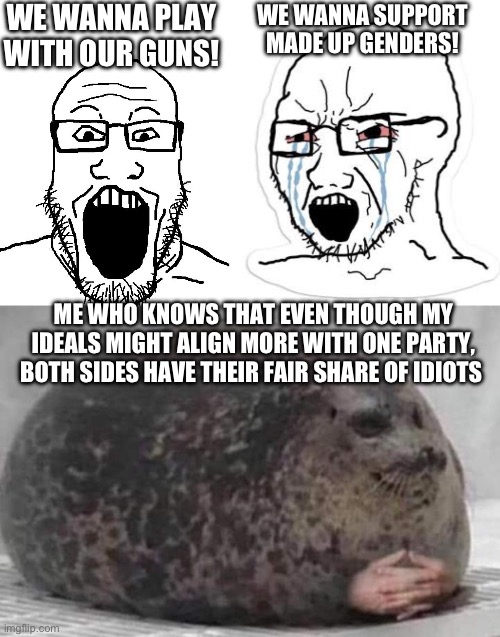 WE WANNA PLAY WITH OUR GUNS! WE WANNA SUPPORT MADE UP GENDERS! ME WHO KNOWS THAT EVEN THOUGH MY IDEALS MIGHT ALIGN MORE WITH ONE PARTY, BOTH SIDES HAVE THEIR FAIR SHARE OF IDIOTS | image tagged in soyboy pov,soy boy cry,fat seal with interlocked hands | made w/ Imgflip meme maker