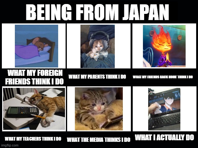 Being from Japan be like: | BEING FROM JAPAN; WHAT MY FOREIGN FRIENDS THINK I DO; WHAT MY FRIENDS BACK HOME THINK I DO; WHAT MY PARENTS THINK I DO; WHAT I ACTUALLY DO; WHAT MY TEACHERS THINK I DO; WHAT THE MEDIA THINKS I DO | image tagged in what people think i do | made w/ Imgflip meme maker