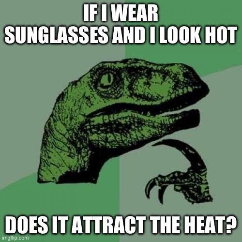 Philosoraptor | IF I WEAR SUNGLASSES AND I LOOK HOT; DOES IT ATTRACT THE HEAT? | image tagged in memes,philosoraptor | made w/ Imgflip meme maker