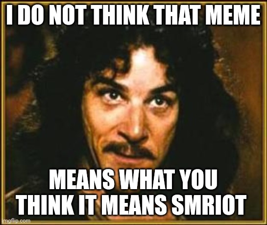 Meme not | I DO NOT THINK THAT MEME; MEANS WHAT YOU THINK IT MEANS SMRIOT | image tagged in princess bride | made w/ Imgflip meme maker