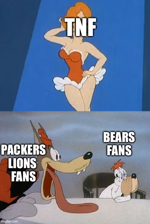 TNF be like | TNF; PACKERS LIONS 
FANS; BEARS FANS | image tagged in wolfy vs droopy | made w/ Imgflip meme maker