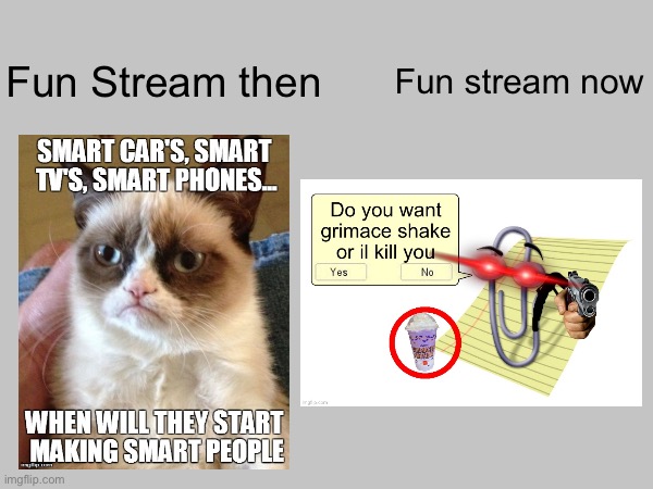 title | Fun Stream then; Fun stream now | made w/ Imgflip meme maker