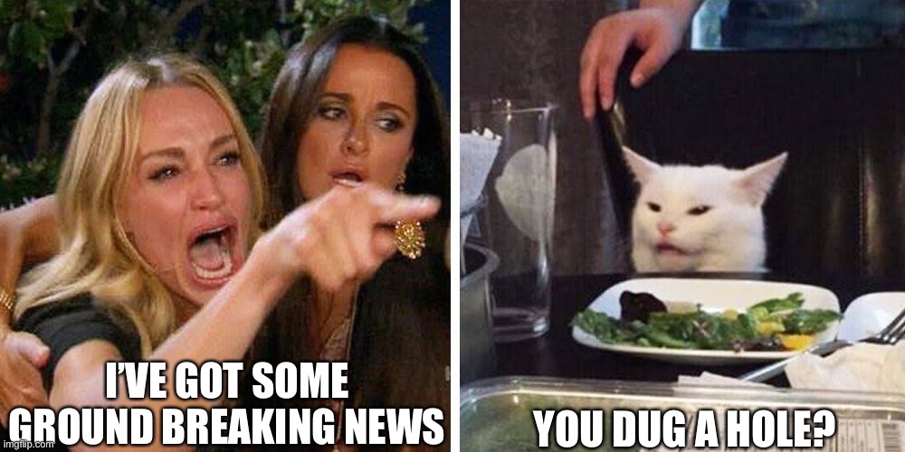 Smudge the cat | I’VE GOT SOME GROUND BREAKING NEWS; YOU DUG A HOLE? | image tagged in smudge the cat | made w/ Imgflip meme maker