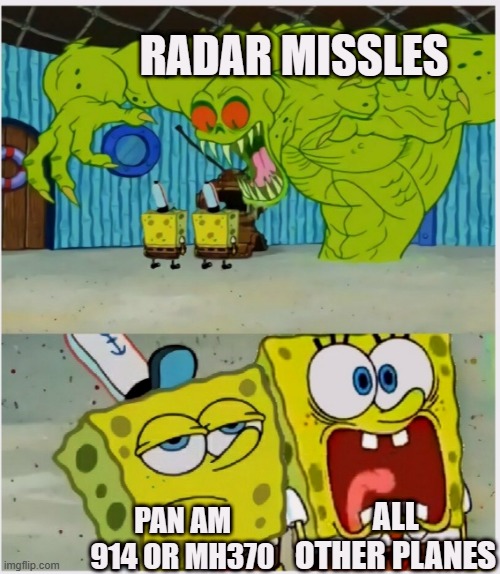 SpongeBob SquarePants scared but also not scared | RADAR MISSLES; ALL OTHER PLANES; PAN AM 914 OR MH370 | image tagged in spongebob squarepants scared but also not scared | made w/ Imgflip meme maker