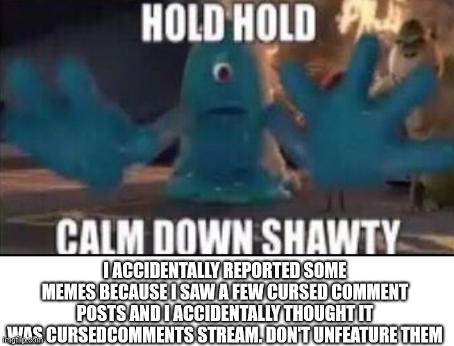 Calm down shawty | I ACCIDENTALLY REPORTED SOME MEMES BECAUSE I SAW A FEW CURSED COMMENT POSTS AND I ACCIDENTALLY THOUGHT IT WAS CURSEDCOMMENTS STREAM. DON'T UNFEATURE THEM | image tagged in calm down shawty | made w/ Imgflip meme maker