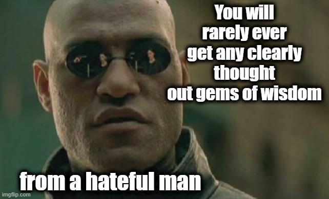 Matrix Morpheus Meme | You will rarely ever get any clearly thought out gems of wisdom; from a hateful man | image tagged in memes,matrix morpheus | made w/ Imgflip meme maker