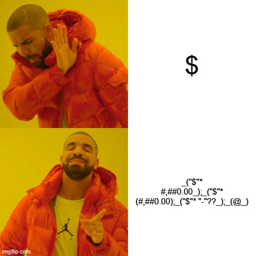 Drake Hotline Bling | $; _("$"* #,##0.00_);_("$"* (#,##0.00);_("$"* "-"??_);_(@_) | image tagged in memes,drake hotline bling | made w/ Imgflip meme maker