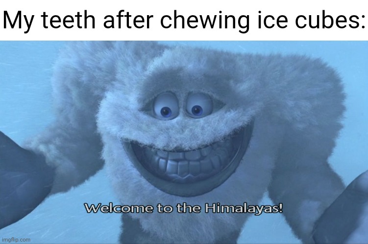 Ice cubes | My teeth after chewing ice cubes: | image tagged in welcome to the himalayas,ice cube,ice cubes,teeth,memes,ice | made w/ Imgflip meme maker