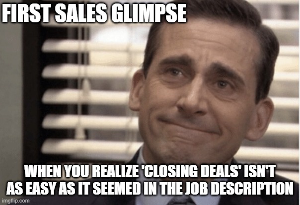 first sales glimpse | FIRST SALES GLIMPSE; WHEN YOU REALIZE 'CLOSING DEALS' ISN'T AS EASY AS IT SEEMED IN THE JOB DESCRIPTION | image tagged in sales | made w/ Imgflip meme maker