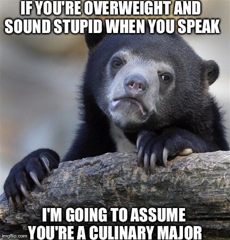 Confession Bear | IF YOU'RE OVERWEIGHT AND SOUND STUPID WHEN YOU SPEAK I'M GOING TO ASSUME YOU'RE A CULINARY MAJOR | image tagged in memes,confession bear | made w/ Imgflip meme maker