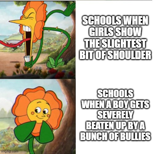Cuphead Flower | SCHOOLS WHEN GIRLS SHOW THE SLIGHTEST BIT OF SHOULDER; SCHOOLS WHEN A BOY GETS SEVERELY BEATEN UP BY A BUNCH OF BULLIES | image tagged in cuphead flower | made w/ Imgflip meme maker