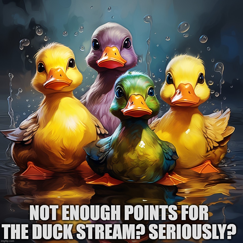 annoyed ducks | NOT ENOUGH POINTS FOR THE DUCK STREAM? SERIOUSLY? | image tagged in ducks,not enough poits,duck stream | made w/ Imgflip meme maker
