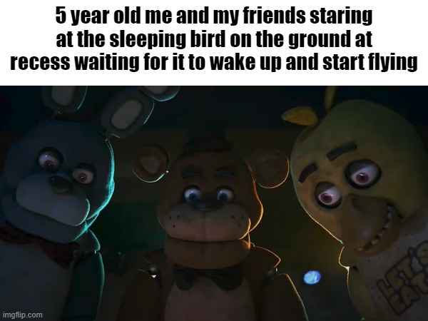 If only we knew | 5 year old me and my friends staring at the sleeping bird on the ground at recess waiting for it to wake up and start flying | image tagged in funny,cursed,dark,fnaf,five nights at freddys,school | made w/ Imgflip meme maker