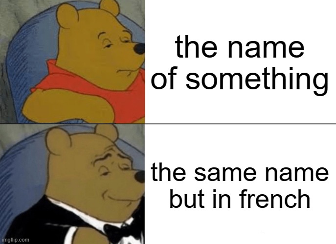 free Kifli | the name of something; the same name but in french | image tagged in memes,tuxedo winnie the pooh | made w/ Imgflip meme maker