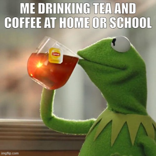 me drinking my own coffee or tea i can make | ME DRINKING TEA AND COFFEE AT HOME OR SCHOOL | image tagged in memes,but that's none of my business,kermit the frog | made w/ Imgflip meme maker