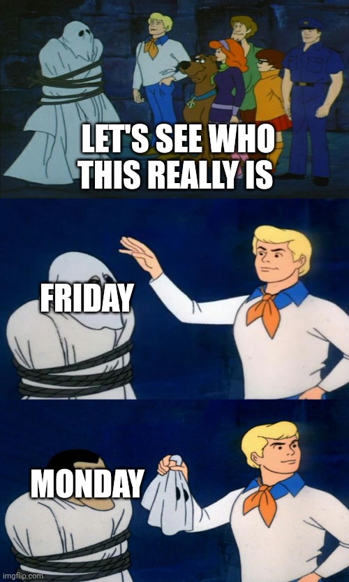 Scooby Doo The Ghost | LET'S SEE WHO THIS REALLY IS; FRIDAY; MONDAY | image tagged in scooby doo the ghost | made w/ Imgflip meme maker