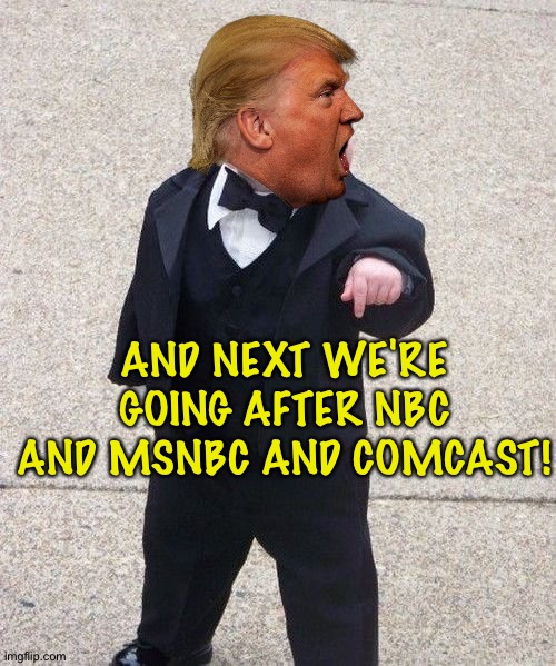 Trump getting hysterical and going Full Fascist. | AND NEXT WE'RE GOING AFTER NBC AND MSNBC AND COMCAST! | image tagged in memes,baby godfather | made w/ Imgflip meme maker