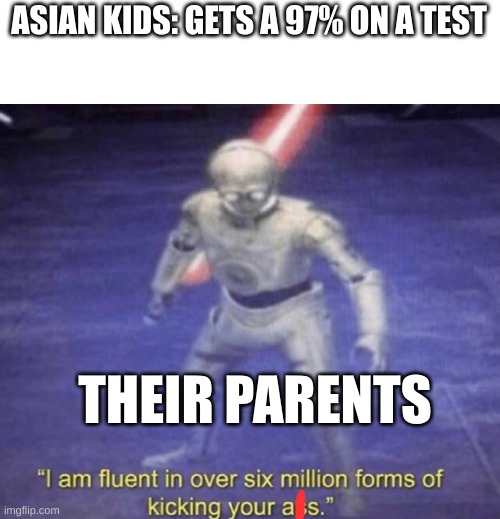 I am fluent in over six million forms of kicking your ass | ASIAN KIDS: GETS A 97% ON A TEST; THEIR PARENTS | image tagged in i am fluent in over six million forms of kicking your ass | made w/ Imgflip meme maker