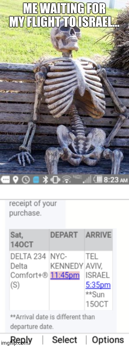 FINALLY! But... I'll be gone for the year... | ME WAITING FOR MY FLIGHT TO ISRAEL... | image tagged in memes,waiting skeleton | made w/ Imgflip meme maker