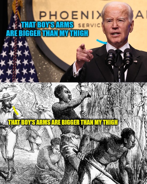 If you're wondering what Joe Biden meant... it's just history repeating. | THAT BOY'S ARMS ARE BIGGER THAN MY THIGH; THAT BOY'S ARMS ARE BIGGER THAN MY THIGH | image tagged in joe biden,that's racist | made w/ Imgflip meme maker