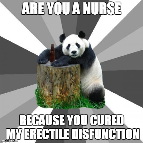 Pickup Line Panda | ARE YOU A NURSE BECAUSE YOU CURED MY ERECTILE DISFUNCTION | image tagged in memes,pickup line panda | made w/ Imgflip meme maker